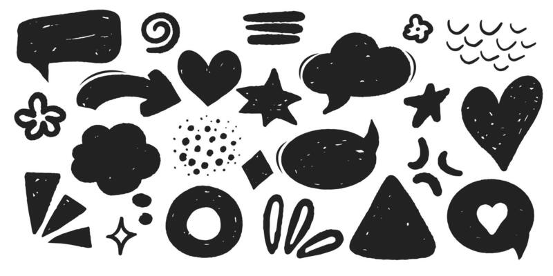 Set grunge comic elements arrows, speech bubble, cloud hearts, emotion elements jagged textured in doodle isolated on white background.