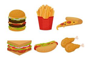 Set of fast food icon, objects. Colorful detailed collection of meal isolated on white background in cartoon flat style. vector