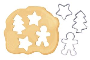 Dough with cookie cutter star, man, christmas tree shapes shape top view cartoon style isolated on white background. Preparation, cooking. vector
