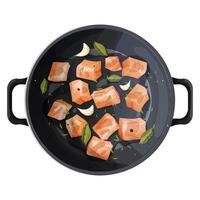 Roast chicken fillet chunks or turkey pieces in frying pan with spices, garlic and leaves top view isolated on white background. vector