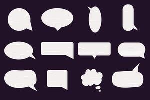 Set paper speech bubble dialog cloud isolated on dark background. Frame sticker, textured vector