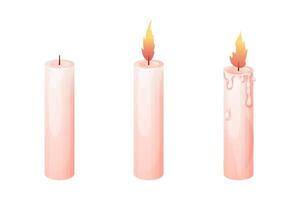 Set detailed Wax candle from paraffin wax with fire, flame tall to law isolated on white background. vector