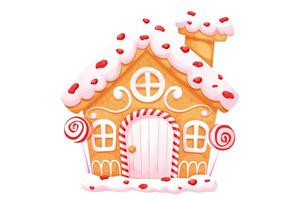 Gingerbread house with wonder door and windows cute ornament and sweets in cartoon style isolated on white background. vector