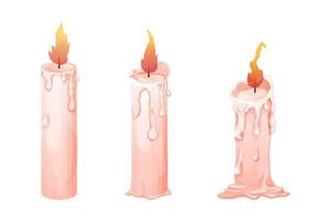 Set wax candle stages burning with fire, flame isolated on white background. Animation objects vector