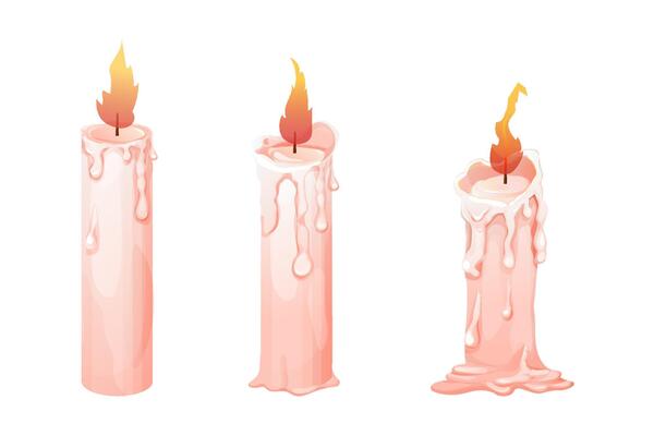 Set wax candle stages burning with fire, flame isolated on white background. Animation objects