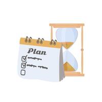 Calendar, planing notebook and hourglass composition isolated on white background. Time management, organisation concept in flat style. vector