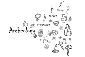 Doodle archeology, historical objects, tools, equipment with text isolated on white background stock illustration. Discovery, tribal civilization composition. vector