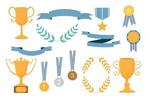 Set of champion trophy golden cups, medals, banner ribbons, honor decorations and elements isolated on white background. vector