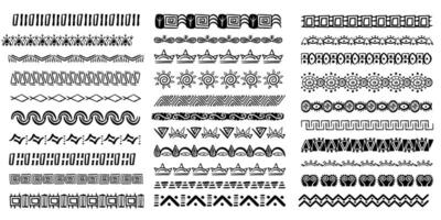 Set aztec tribal motive border in doodle hand drawn style from geometrical shapes isolated on white background. boho scandinavian srtoke, traditional native decor. vector