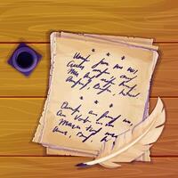 Parchment paper, torn old sheet with unreadble scrit inkwell and feather pen on wooden desk in cartoon style, textured empty note isolated on white background. Game ui elements vector