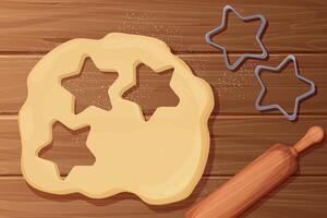 Dough with rolling pin cookie cutter star shape top view on wooden table, desk Preparation, cooking. vector