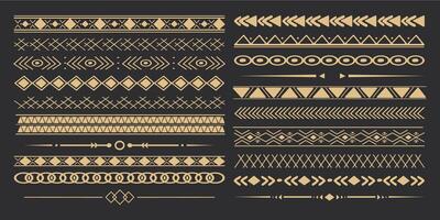 Set tribal golden ethnic arrow dividers, native indian bow boho in doodle style isolated on dark background. Collection borders, decoration elements vector