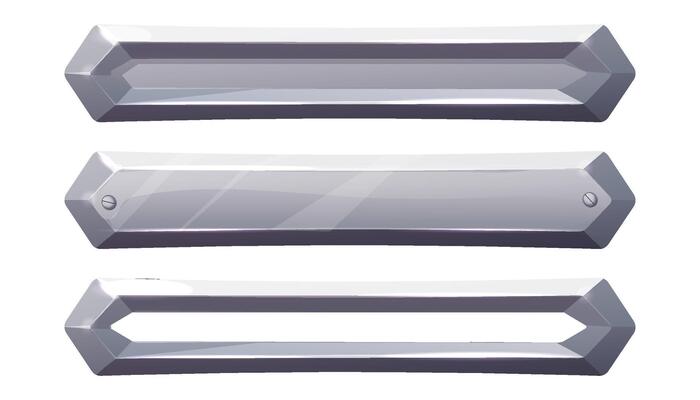 Set metalbar, plate, steel frame, iron panel game menu in cartoon style silver color isolated ob white background. Board template.