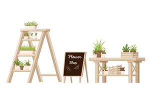 flor tienda de madera muebles, Tienda equipo con estantería escalera, escritorio y publicidad tablero aislado en blanco antecedentes en dibujos animados estilo. Al por menor decoración elemento, maceta, fresco, verde plantas vector