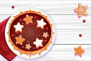 Christmas pie chocolate with slice decorated with gingerbread srats and cranberry top view on holiday plate on wooden table in cartoon style. vector