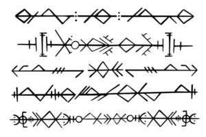 Nordic celtic runes header divider, set norse protection symbols in doodle style, amulet, witchcraft signs on white background. vector