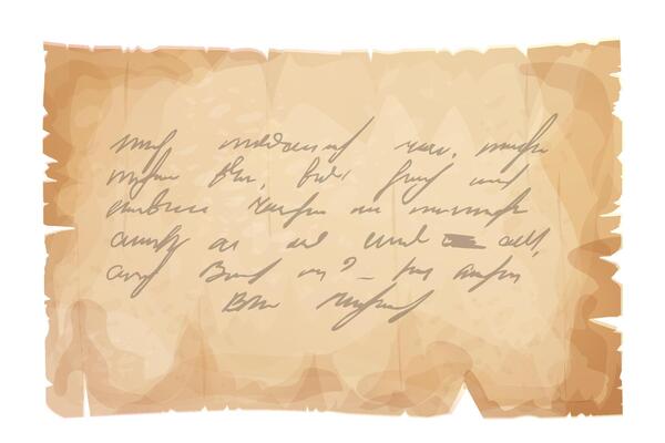 Parchment paper, torn pieces, old sheetwith unreadble scrit in cartoon style, textured empty note isolated on white background. Game ui elements