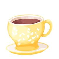 té taza amarillo en plato decotado con hojas en dibujos animados estilo aislado en blanco antecedentes. vector