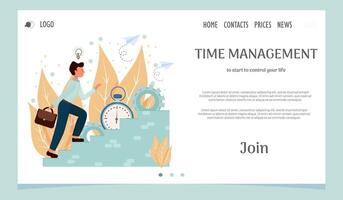 Landing page, web template, layout with man going upstairs, time management, personal productivity, development concept in flat style stock illustration. vector