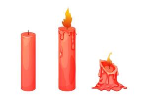 Set red wax candle stages burning with fire, flame isolated on white background. Animation objects vector