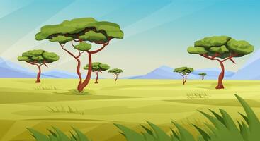 África sabana paisaje, safari con césped, árboles, montañas, verano caliente escena, salvaje naturaleza en dibujos animados estilo. vector