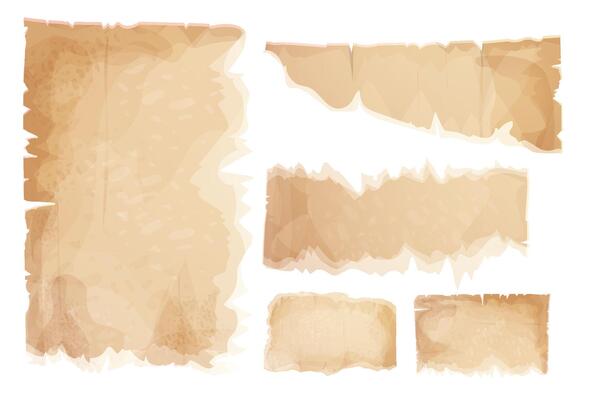 Set parchment paper, torn pieces, old sheets in cartoon style, textured empty notes isolated on white background. Game ui elements