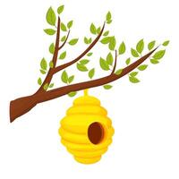 Bee hive on tree branch in cartoon style isolated on white background. Wild, hanging construction. Bee colony home. vector