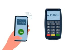 Payment by credit card using POS terminal and smartphone, approved payment. Wireless payment flat illustration. vector