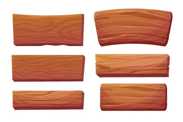set wooden plank, frame game ui asset textured piece of board, button in cartoon style isolated on white background. frame for massage, decoration.