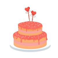 Detailed and bring pink romantic cake, for greeting glazed isolated on white background. Festive element, clipart. vector