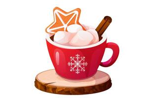 Christmas holiday red mug with hot beverage, marshmallow, gingerbread star, cinnamon stick on wood tray isolated on white background. vector