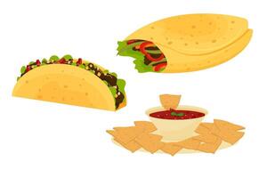 Mexican food set with Burrito, Tacos, Nachos vector