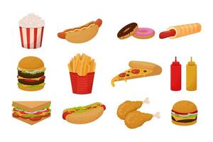 Set of fast food icon, objects. Colorful detailed collection of meal isolated on white background in cartoon flat style. vector