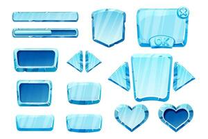 Set game menu assets ice buttons, interface elements 2d in cartoon style isolated. Blocks, shapes frozen gui panels, sliders, arrows. vector