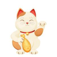 Maneki neko cat tradition figure lucky symbol, pet with collar and bell, golden fish in cartoon style isolated on white background vector