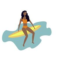 silueta afro americano niña sentado en tabla de surf. ilustración en tendencia plano diseño. gráfico clipart. aislado personaje vector