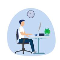 Man sitting in ofice near computer. Correct comfortable position. Working character. Stylish typing illustration vector