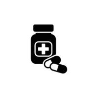 icon illustration of a medicine bottle and pills, symbolizing healthcare essentials and medication vector