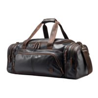 a large black gym duffel bag with brown straps isolated on transparent background png