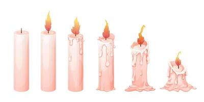 Set wax candle stages burning with fire, flame in cartoon style isolated on white background. Animation objects vector