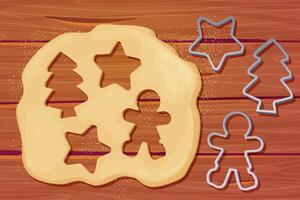 Dough with rolling pin cookie cutter star, man, christmas tree shapes shape top view cartoon style on wooden table. Preparation, cooking. vector