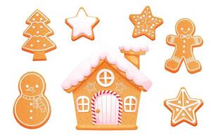 pan de jengibre conjunto linda muñeco de nieve, hombre, estrellas, casa y árbol con Formación de hielo decoración, estacional postre, galletas aislado en blanco antecedentes. vector