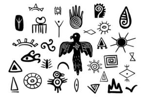 tibal tradicional primitivo azteca elementos garabatear estilo, mexicano indígena nativo imprimir, colección torres símbolos aislado en blanco antecedentes. vector