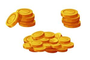 Set Gold coins pile, treasure, money game asset adventure or pirates in cartoon style, shiny money heap isolated on white background. vector