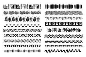 Set african tribal motive border in doodle hand drawn style from geometrical shapes isolated on white background. boho scandinavian srtoke, traditional native decor. vector