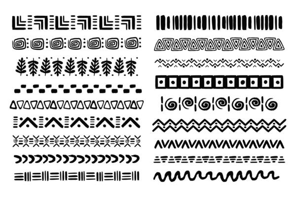 Set african tribal motive border in doodle hand drawn style from geometrical shapes isolated on white background. boho scandinavian srtoke, traditional native decor.