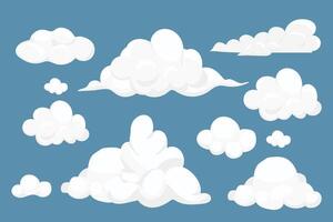 Set fluffy clouds simple cute design isolated on blue background. Collection weather soft object, design element. vector