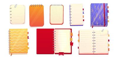 Set diary, note book in cartoon style top view, open, closed isolated on white background. Book with bookmarks and spiral, daily planner. vector