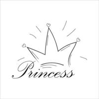 Crown and text princess, black lineart, simple, creative composition isolated on white background. Logo, print modern emblem vector