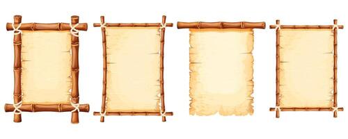 Set Bamboo frames with old parchment paper decorated with rope isolated on white background. Game ui board, sign vector